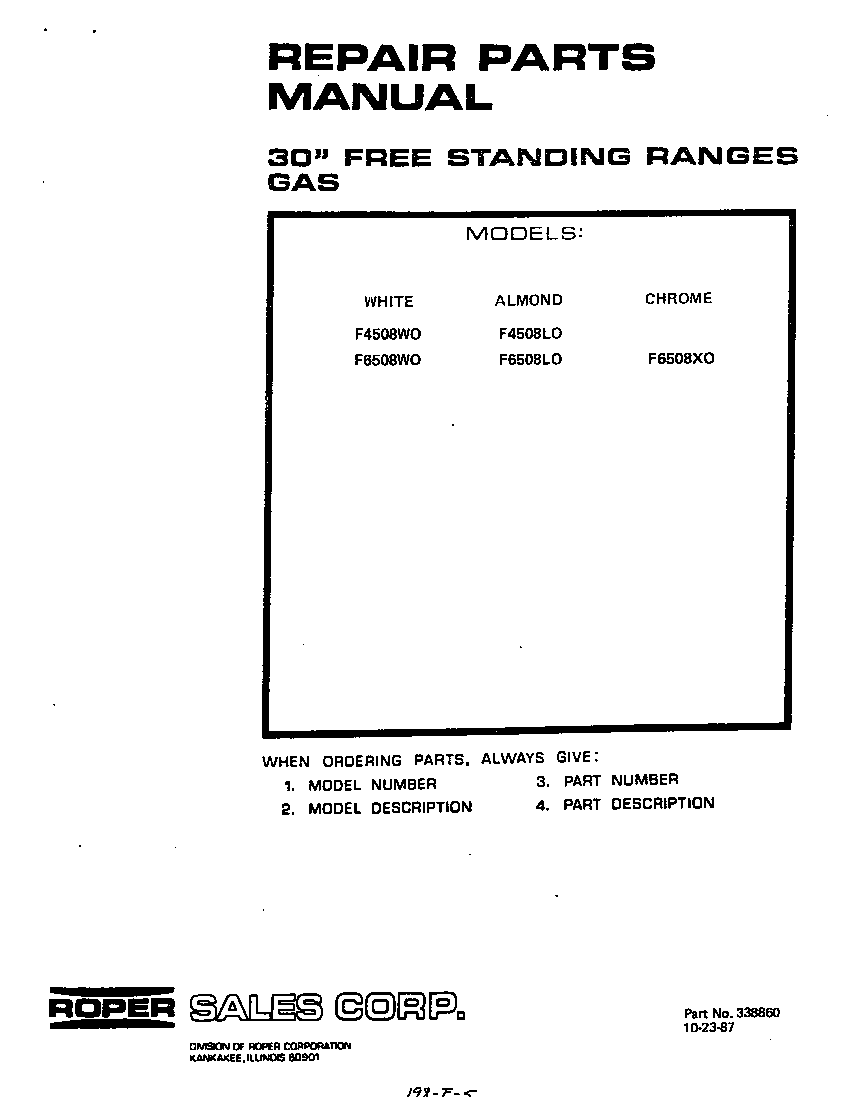 Roper F4508W0 front cover diagram