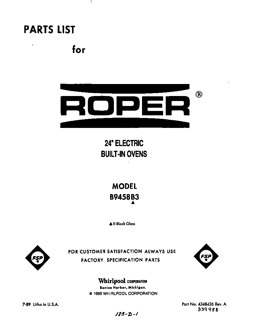 Roper B9458B3 front cover diagram