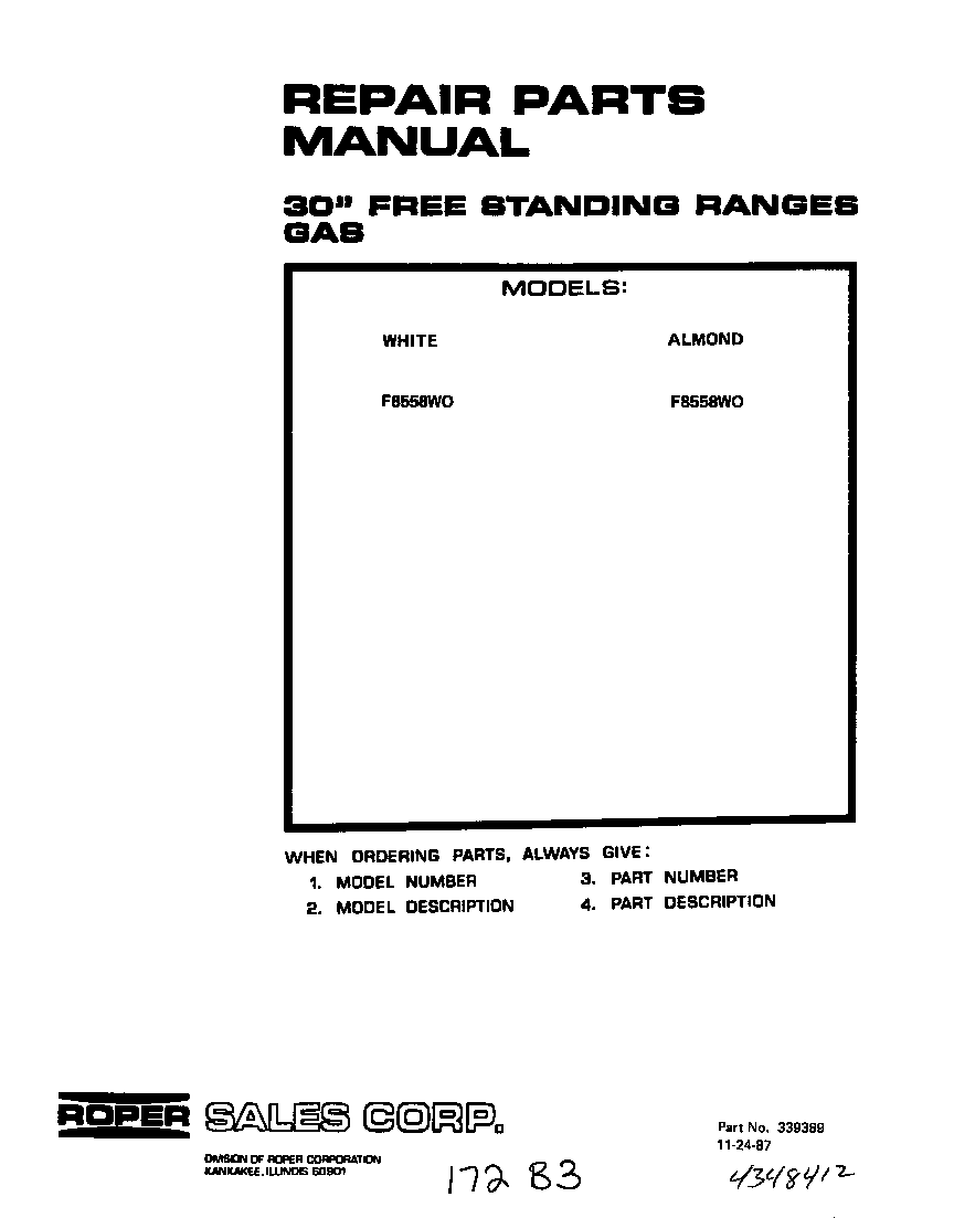 Roper F8558*0 front cover diagram