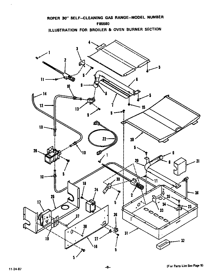 Roper F8558*0 broiler and oven burner diagram
