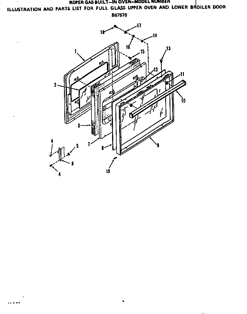 Roper B6757B0 glass upper oven and lower broiler door diagram
