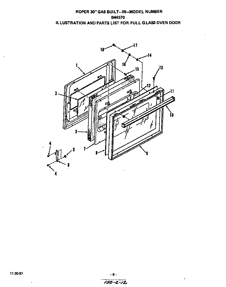 Roper B4457B0 full glass oven door diagram