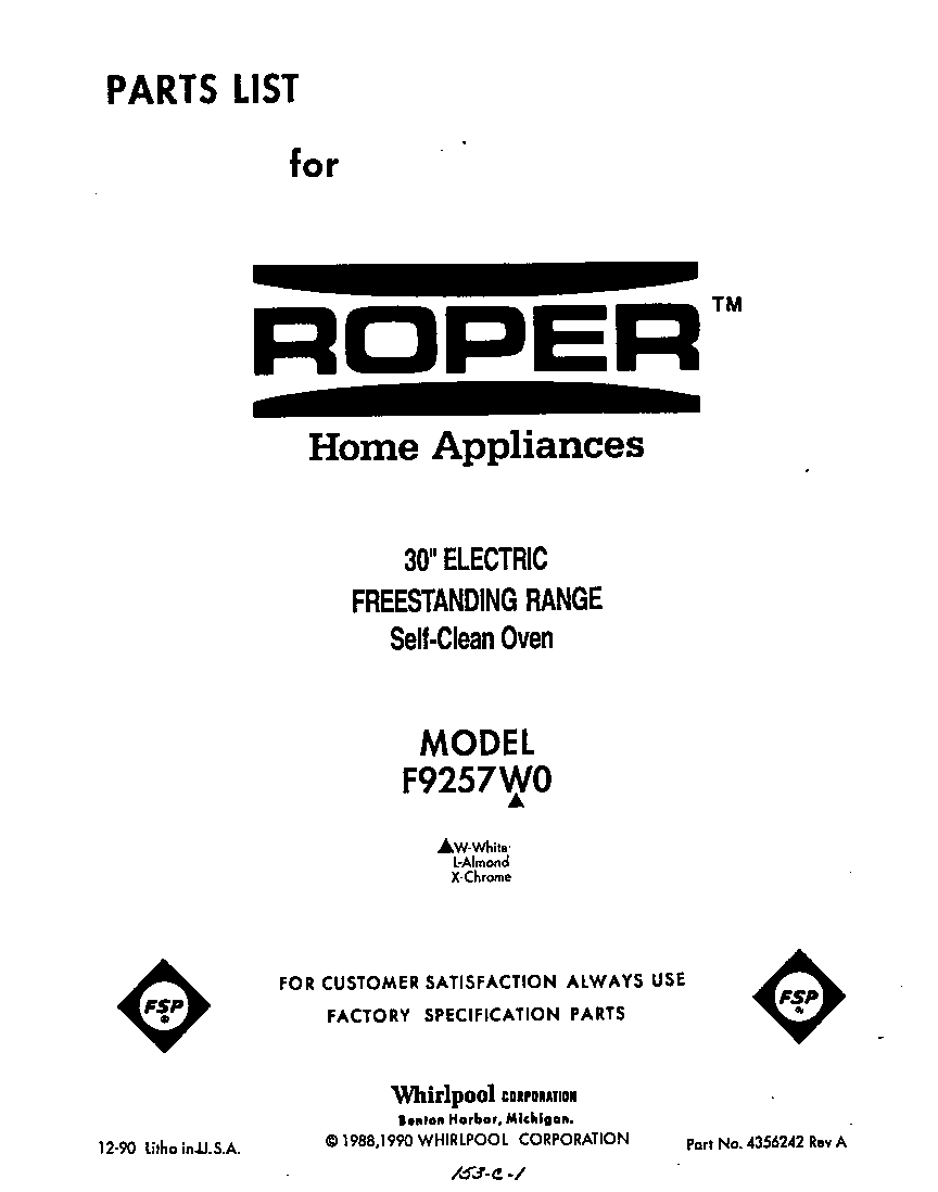 Roper F9257*0 front cover diagram