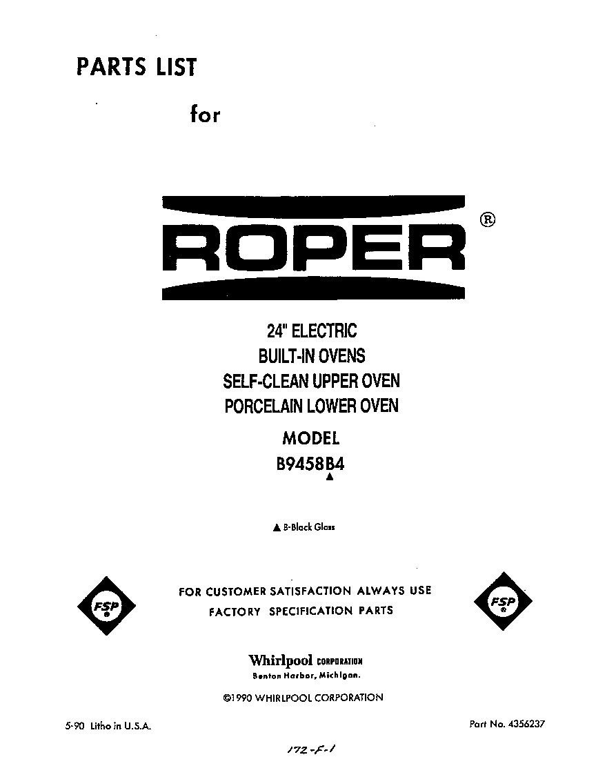 Roper B9458B4 front cover diagram