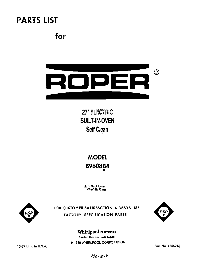 Roper B9608*4 front cover diagram
