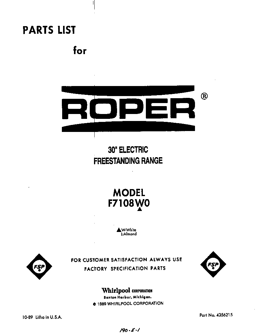 Roper F7108W0 front cover diagram
