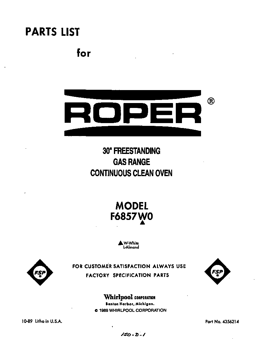 Roper F6857W0 front cover diagram