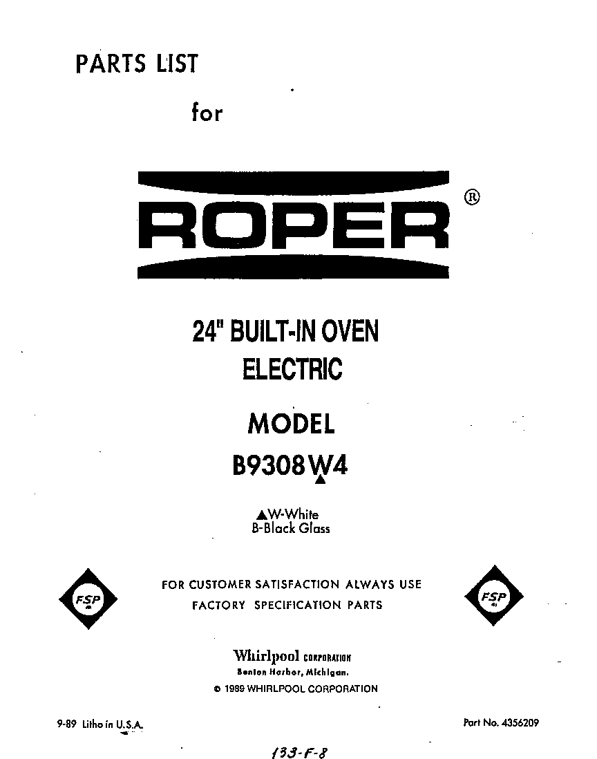 Roper B9308W4 front cover diagram