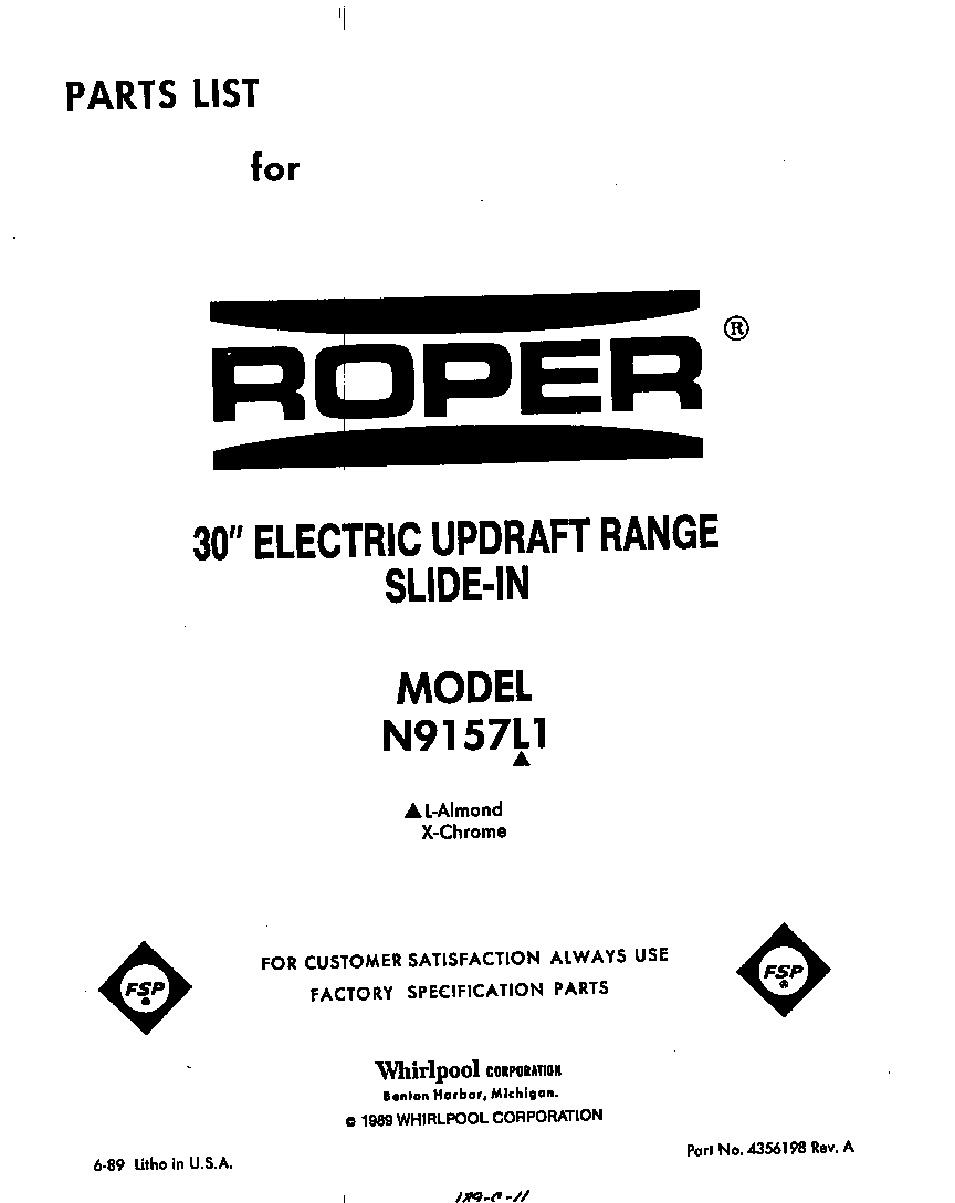 Roper N9157L1 front cover diagram