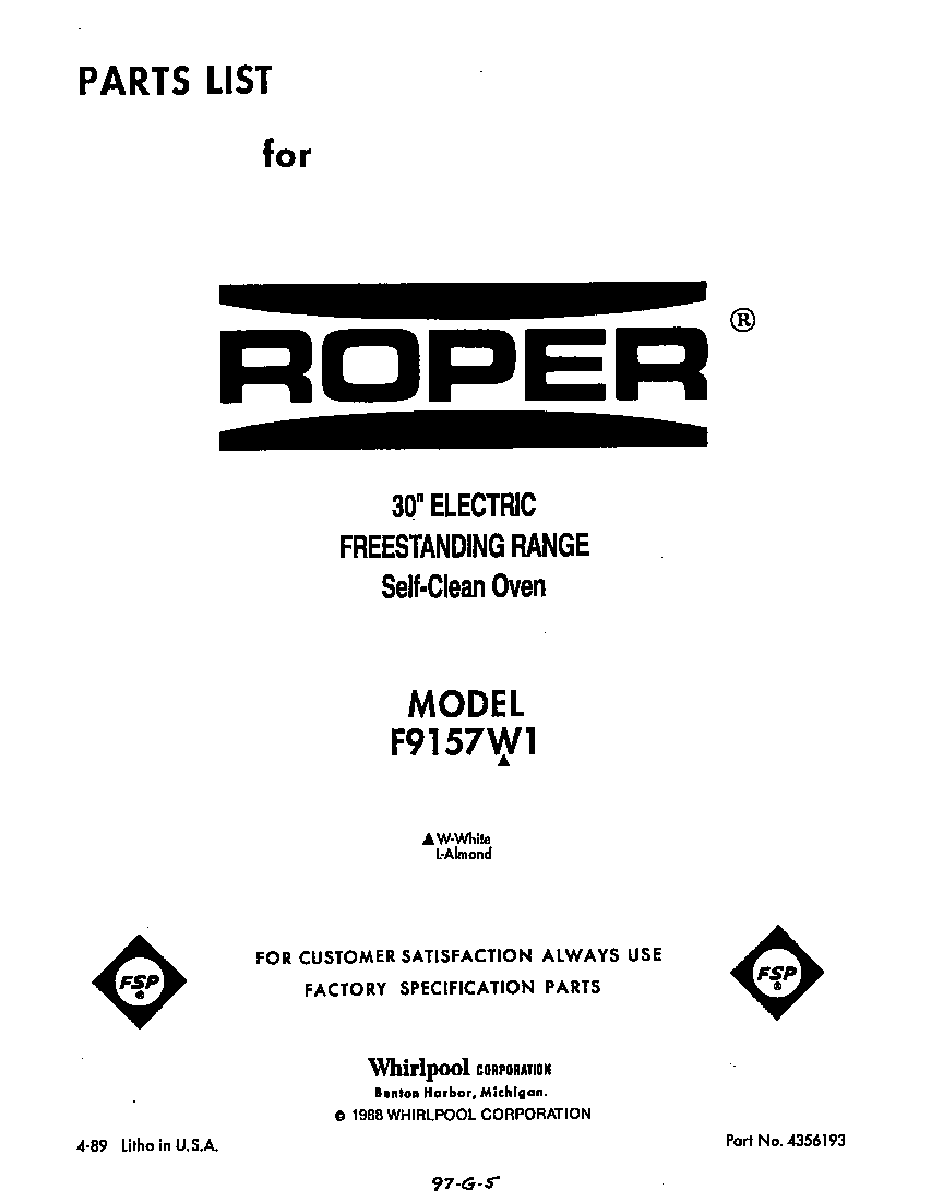 Roper F9157*1 front cover diagram
