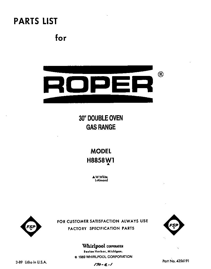 Roper H8858W1 front cover diagram
