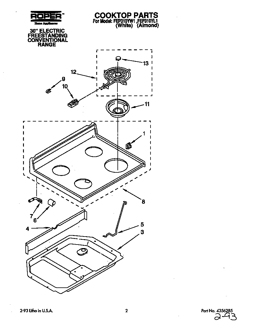 Roper FEP310YW1 cooktop diagram