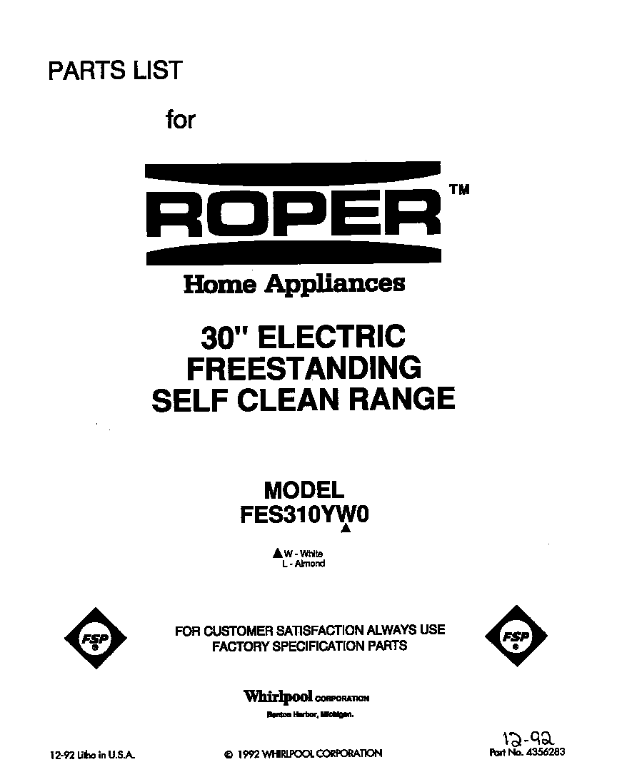 Roper FES310YW0 front cover diagram