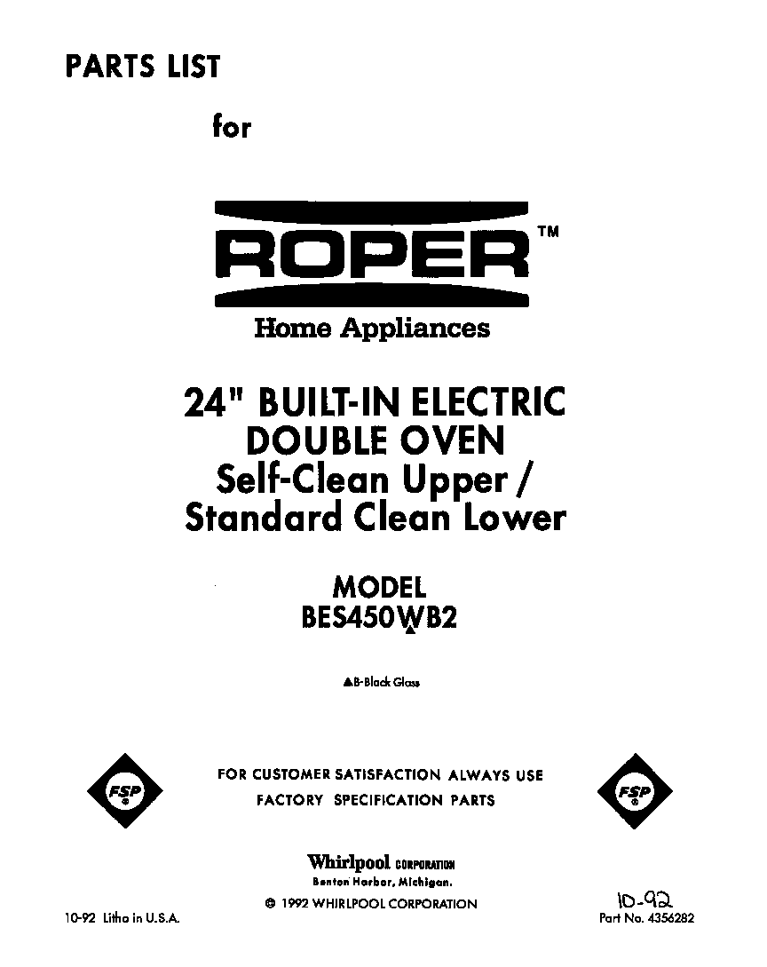 Roper BES450WB2 front cover diagram