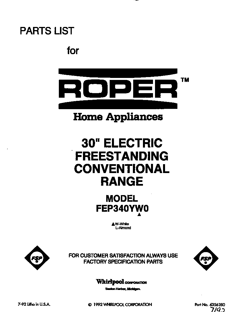 Roper FEP340YW0 front cover diagram