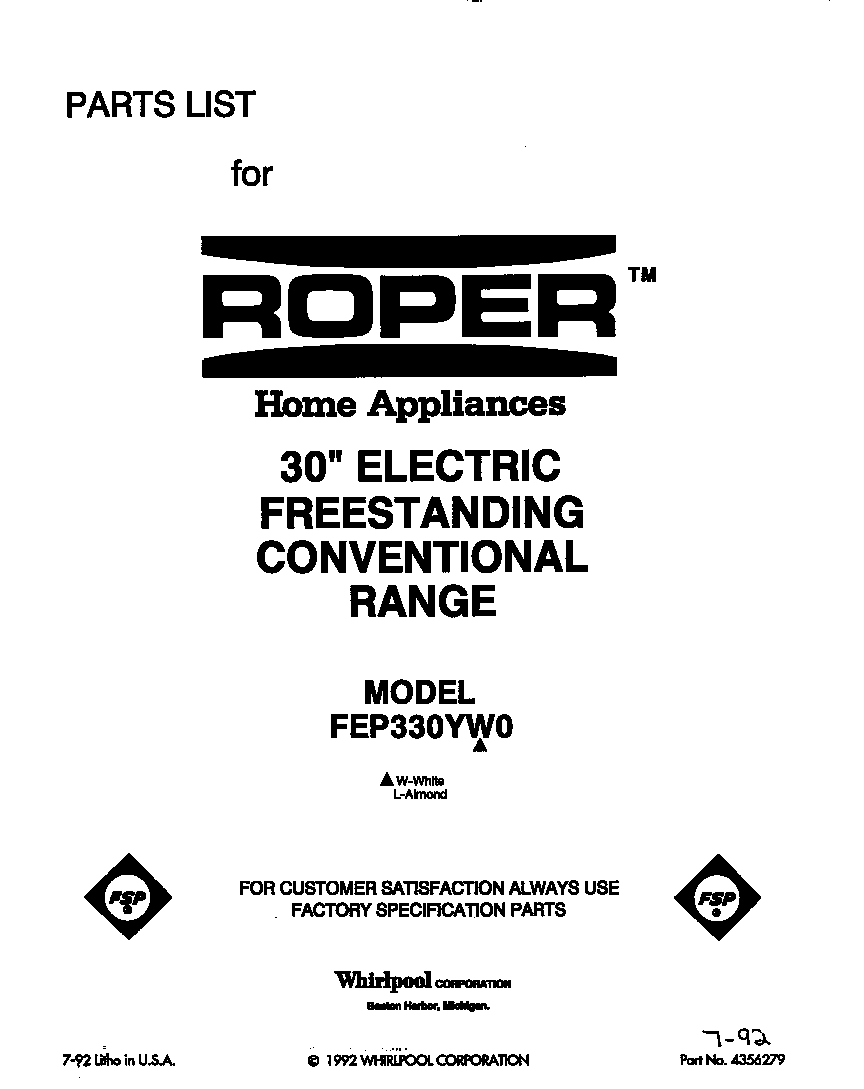 Roper FEP330YW0 front cover diagram