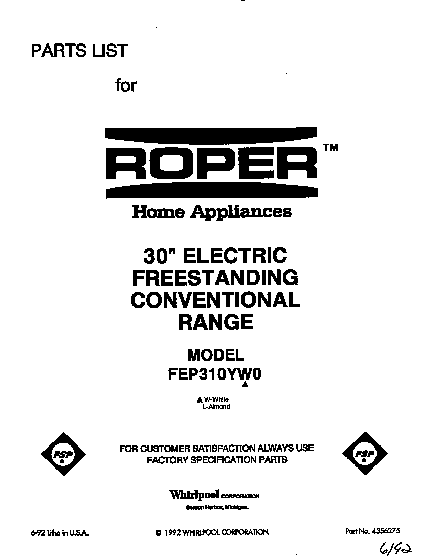 Roper FEP310YW0 front cover diagram