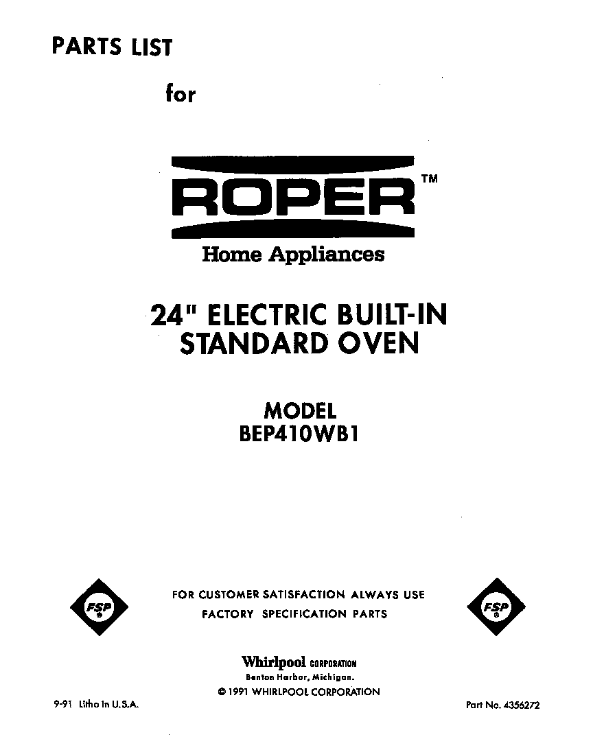 Roper BEP410WB1 front cover diagram