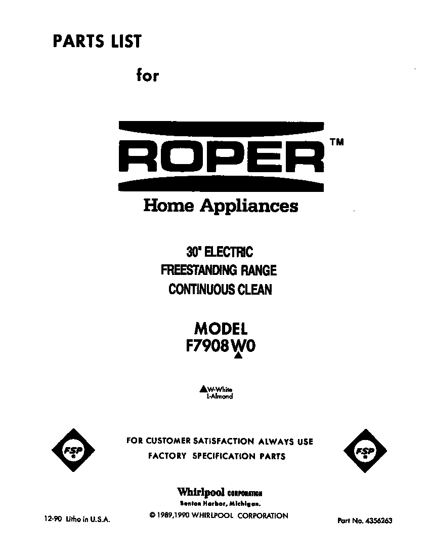 Roper F7908W0 front cover diagram