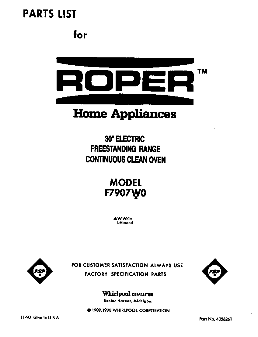 Roper F7907W0 front cover diagram