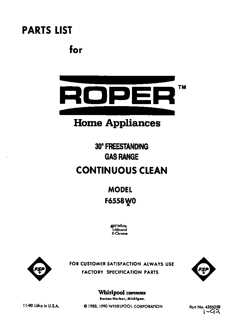 Roper F6558W0 front cover diagram