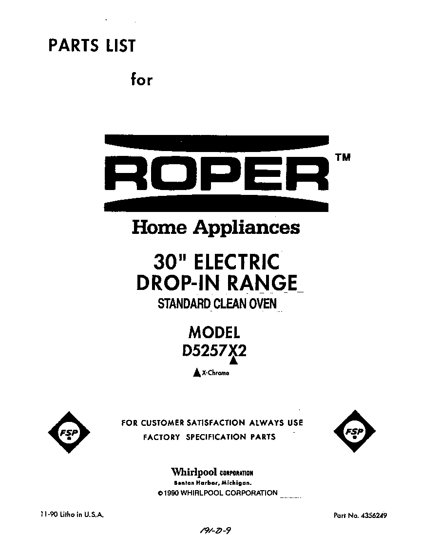 Roper D5257*2 front cover diagram