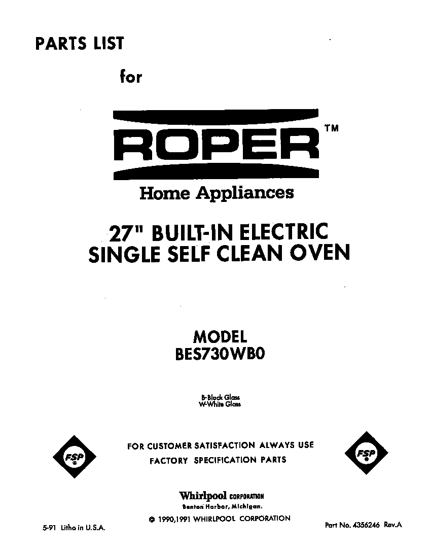 Roper BES730WB0 front cover diagram