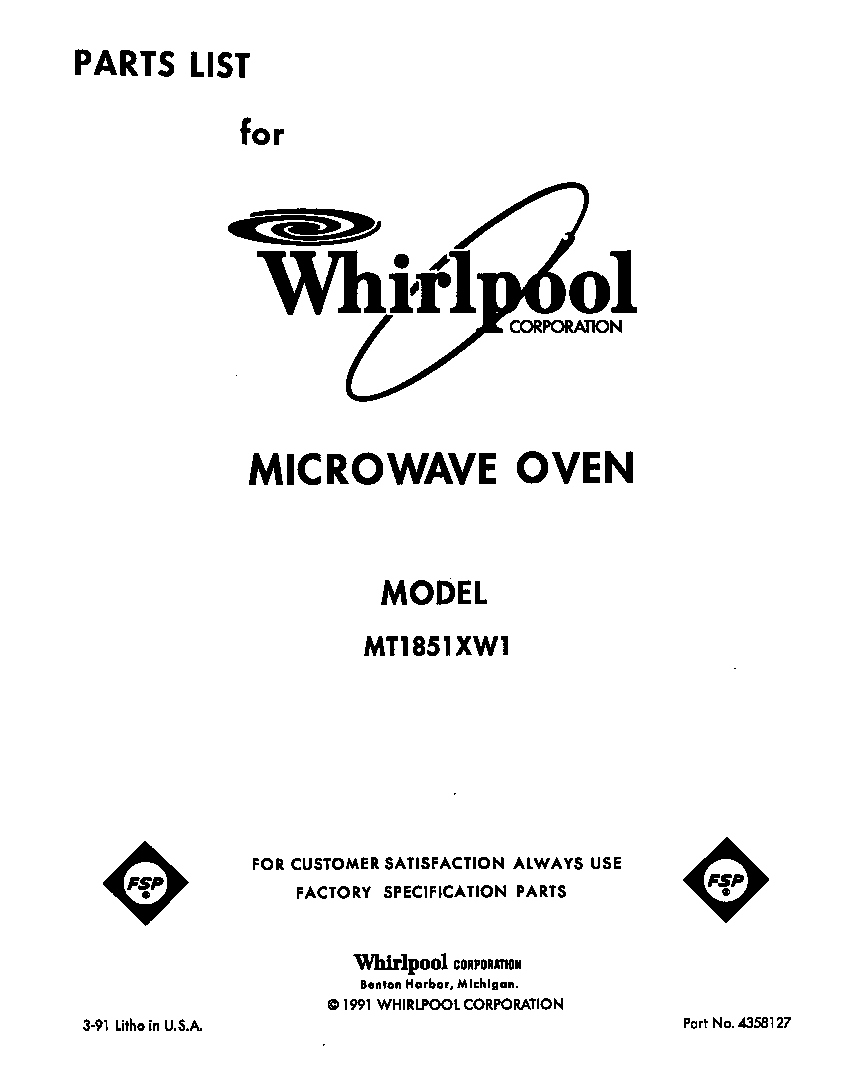 Whirlpool MT1851XW1 front cover diagram