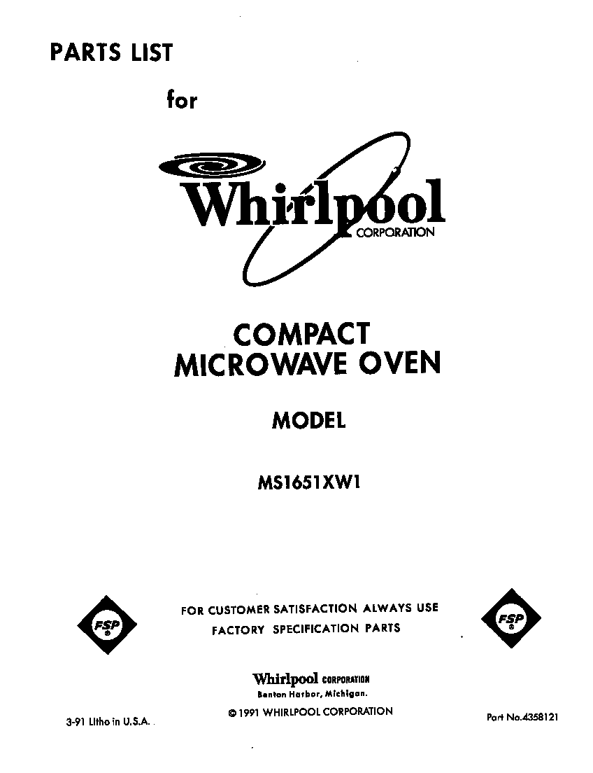 Whirlpool MS1651XW1 front cover diagram