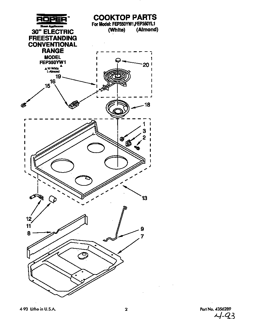 Roper FEP350YW1 cooktop diagram