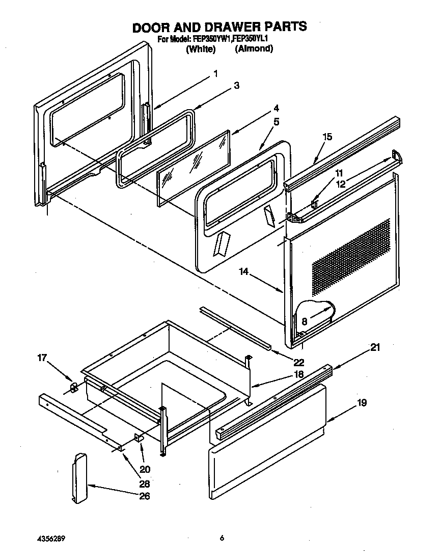 Roper FEP350YW1 door and drawer diagram