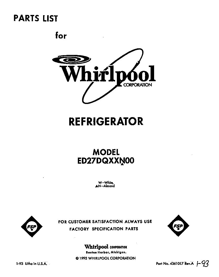 Whirlpool ED27DQXXW00 front cover diagram