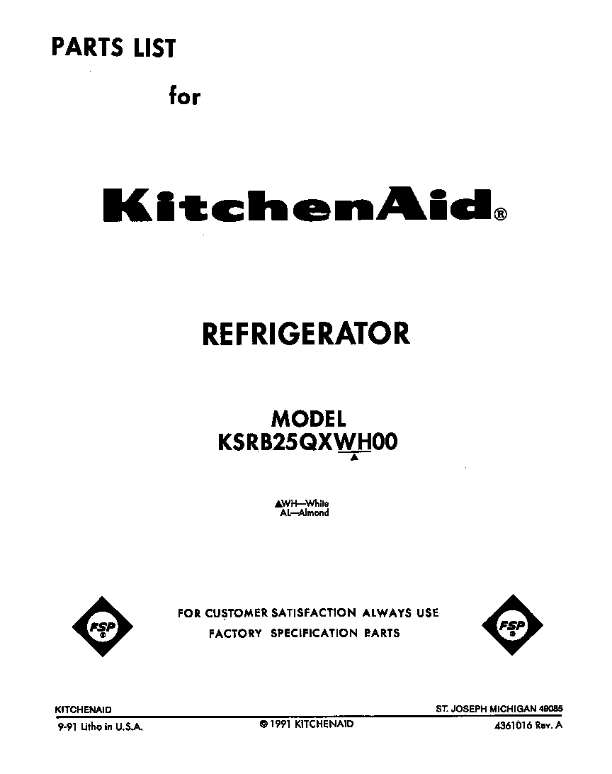 KitchenAid KSRB25QXWH00 front cover diagram