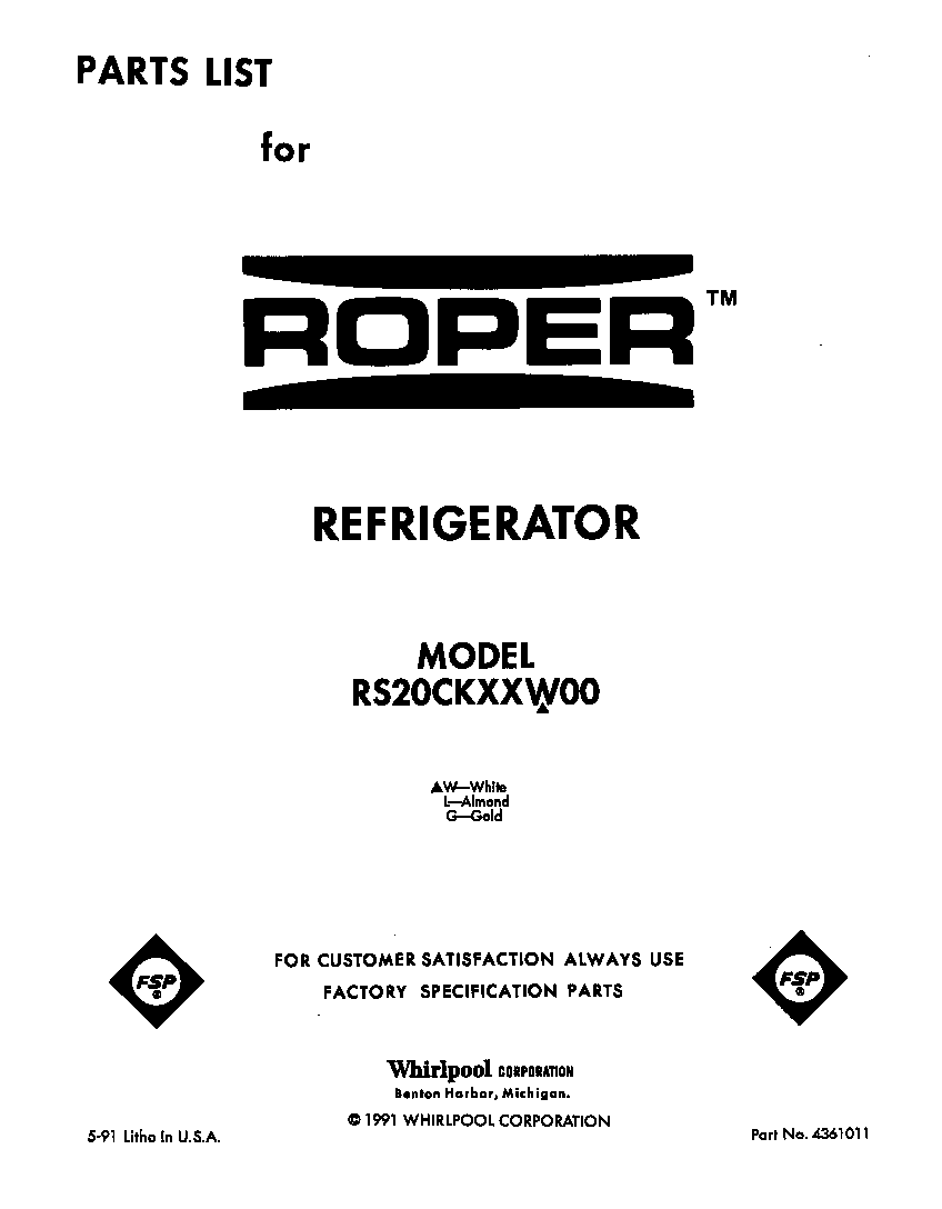 Roper RS20CKXXW00 front cover diagram