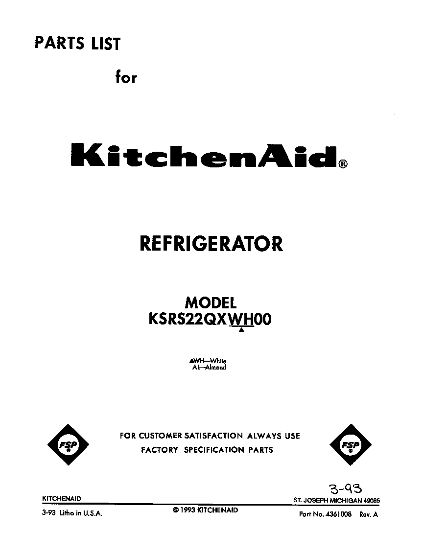 KitchenAid KSRS22QXWH00 front cover diagram
