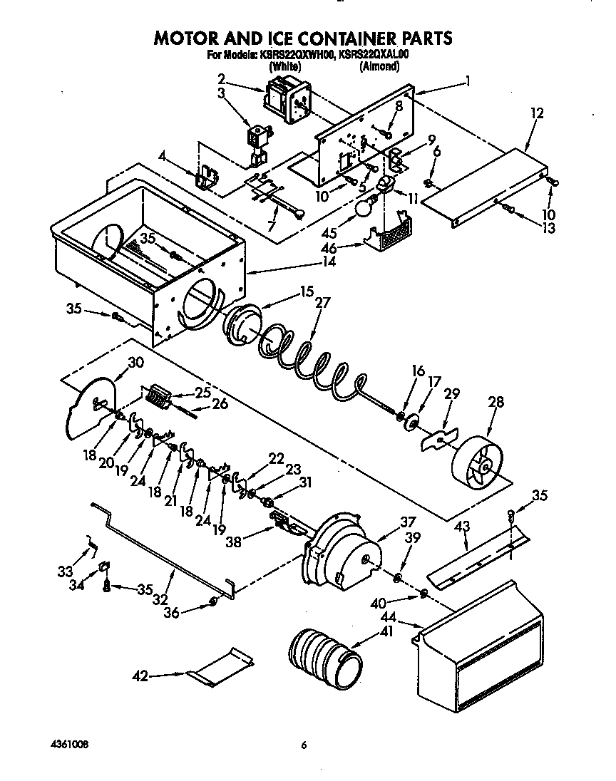 KitchenAid KSRS22QXWH00 motor and ice container diagram