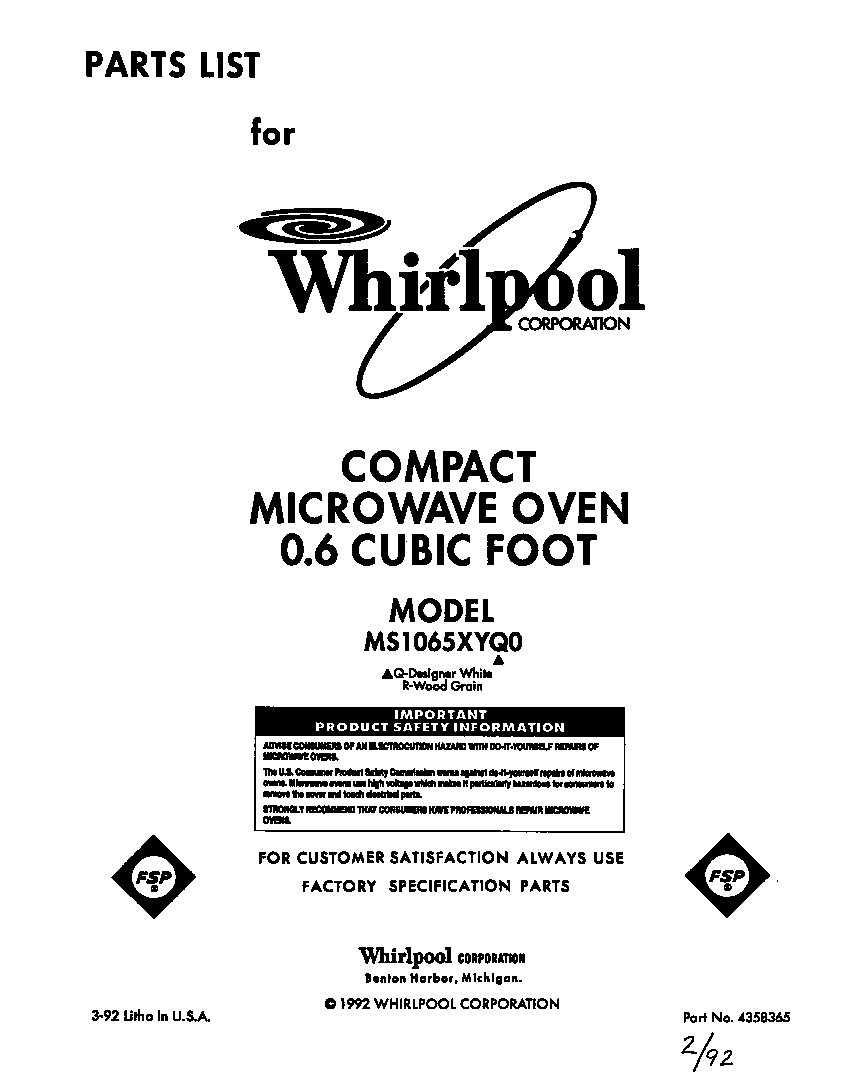 Whirlpool MS1065XYQ0 front cover diagram
