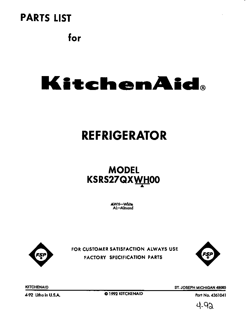 KitchenAid KSRS27QXWH00 front cover diagram