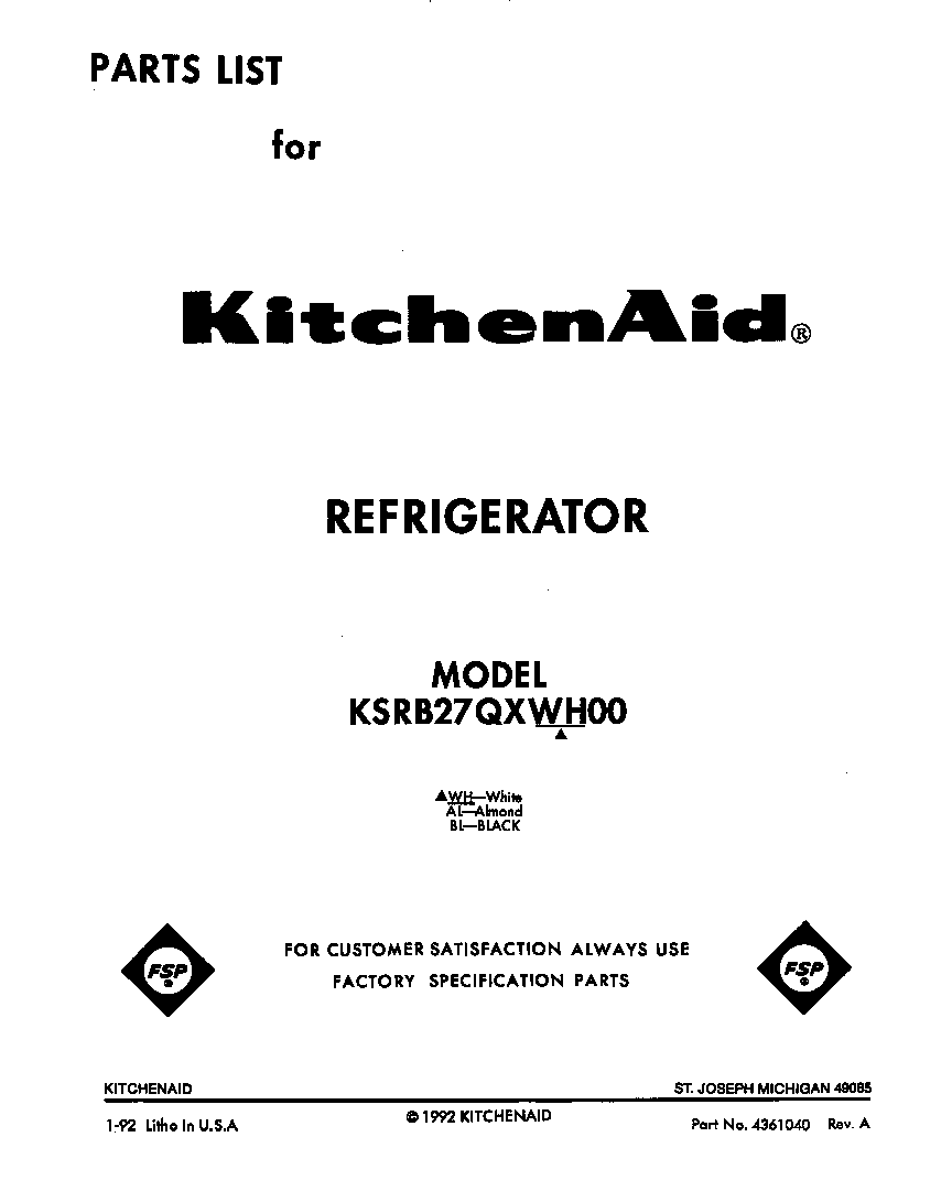 KitchenAid KSRB27QXWH00 front cover diagram