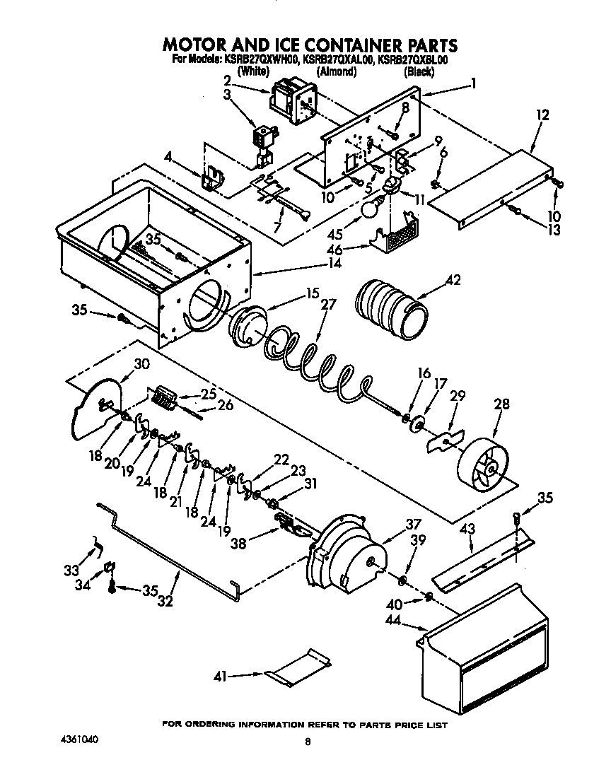 KitchenAid KSRB27QXWH00 motor and ice container diagram