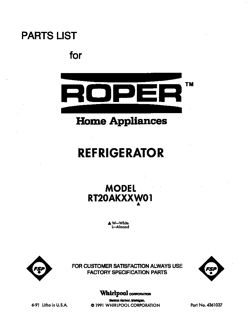 Roper RT20AKXXW01 front cover diagram