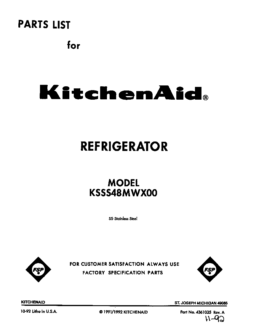 KitchenAid KSSS48MWX00 front cover diagram