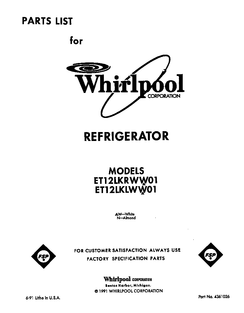Whirlpool ET12LKRWW01 front cover diagram