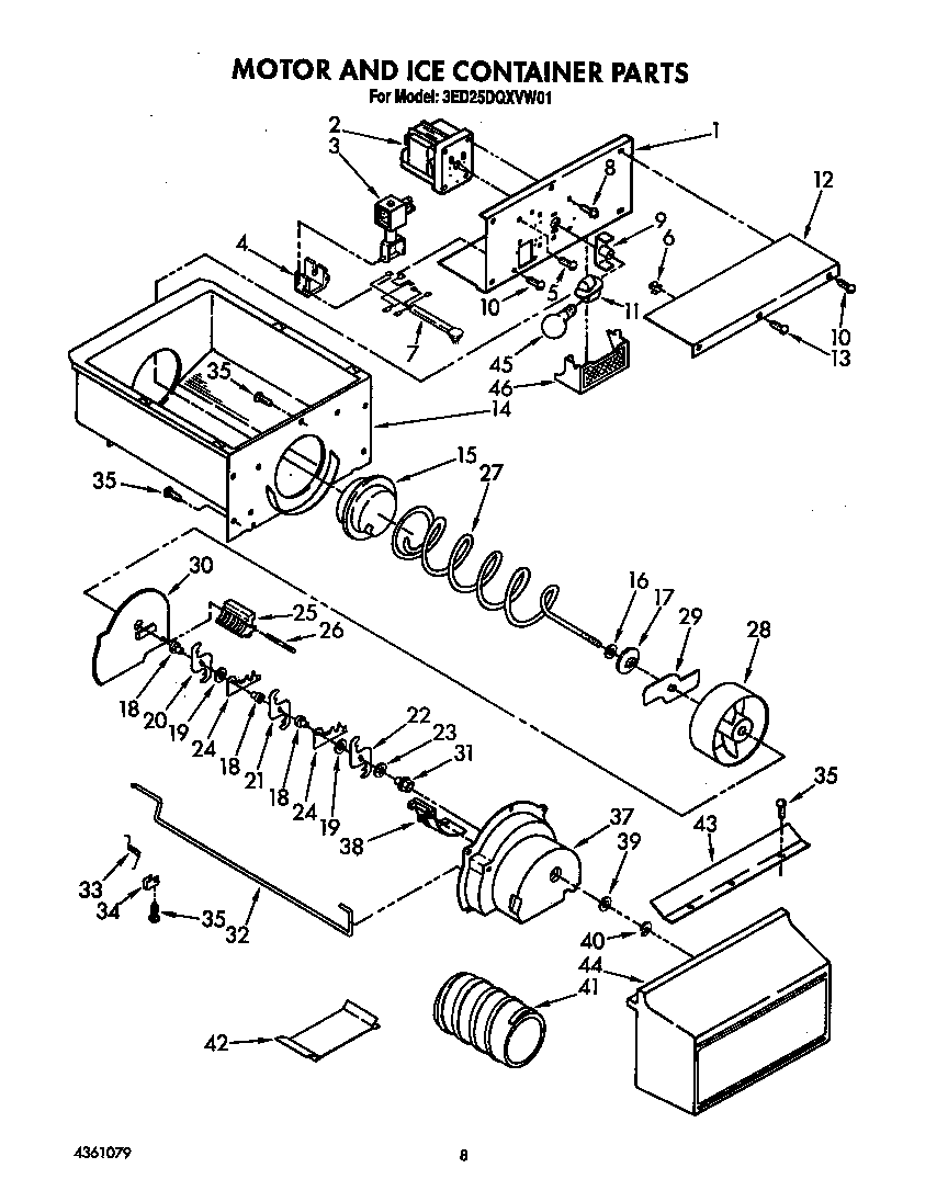 Whirlpool 3ED25DQXVW01 motor and ice container diagram