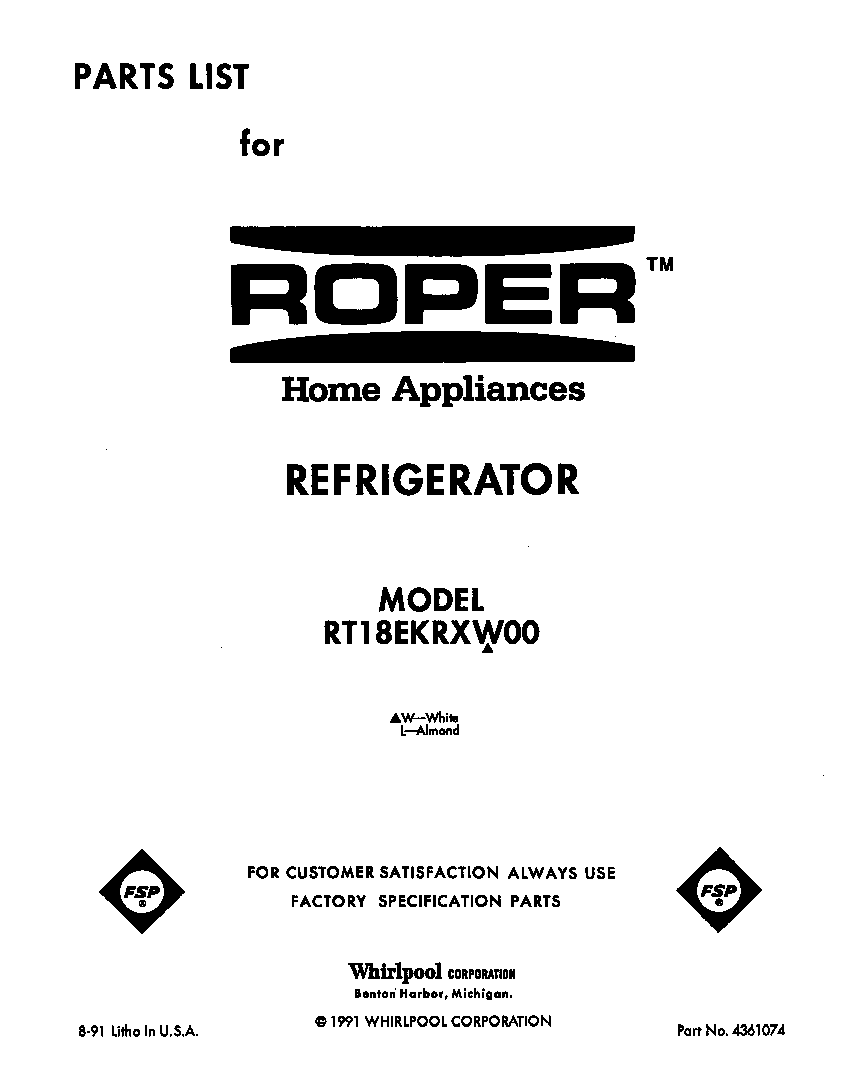 Roper RT18EKRXW00 front cover diagram