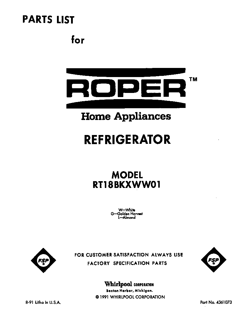 Roper RT18BKXWW01 front cover diagram