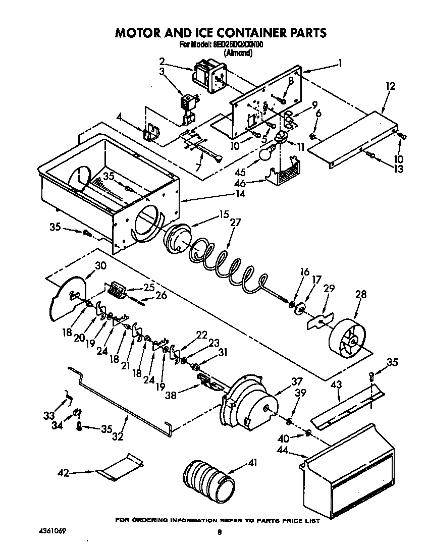 Whirlpool 8ED25DQXXN00 motor and ice container diagram