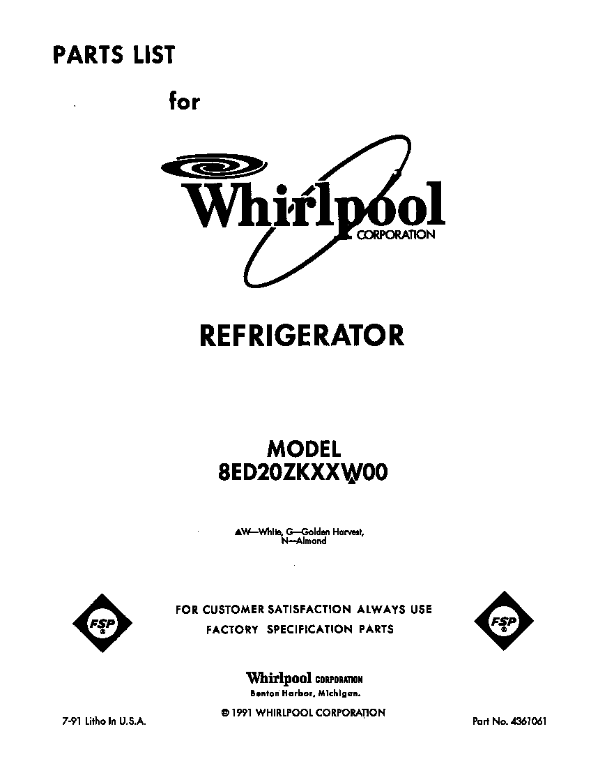 Whirlpool 8ED20ZKXXW00 front cover diagram
