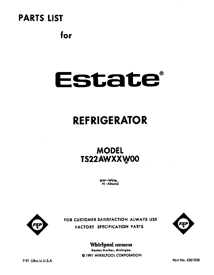 Whirlpool TS22AWXXW00 front cover diagram
