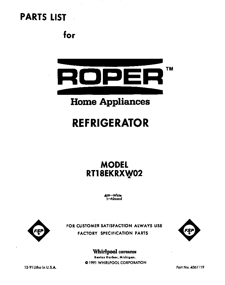 Roper RT18EKRXW02 front cover diagram